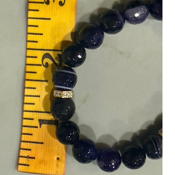 Rustic Cuff PURPLE ONYX BEADS w/ Gold accents & logo Stretch Stacking Bracelet - Picture 5 of 12